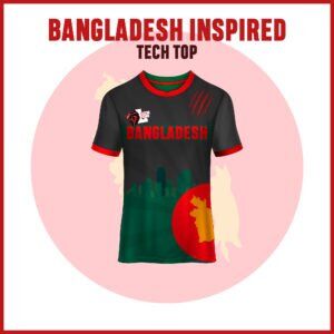 Bangladesh-Inspired Athletic Tech Top for Runners. with Bangladesh flag design and tiger emblem.