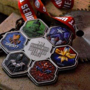 Superhero medals for runners with iconic emblems and characters