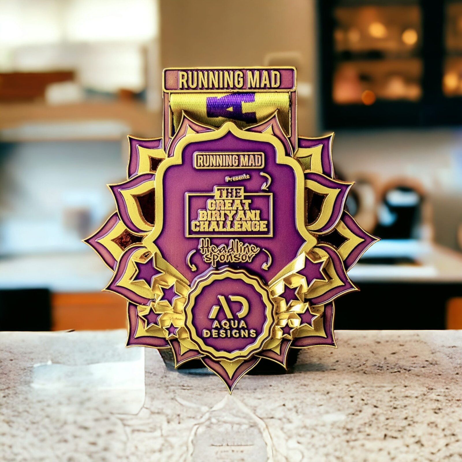 Running Mad Biryani Medal on Modern Kitchen Counter