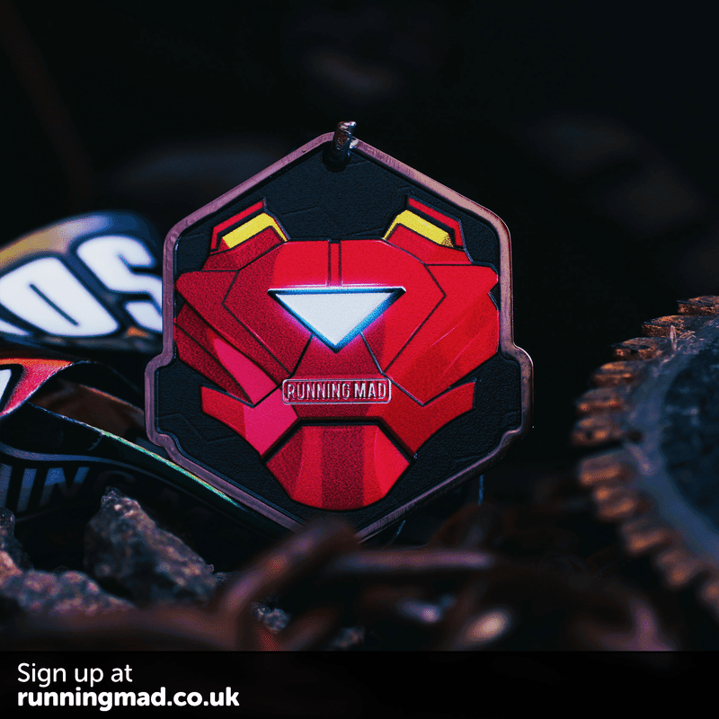 Iron Man armor chest piece running medal with a sleek design.