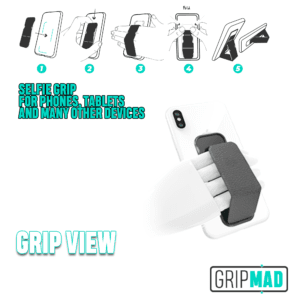 User-friendly GripMad selfie grip on a white phone.