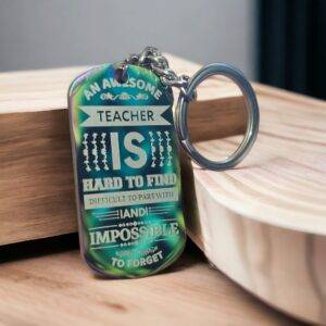 Teacher Appreciation Engraved Dog Tag Keyring on Wooden Table