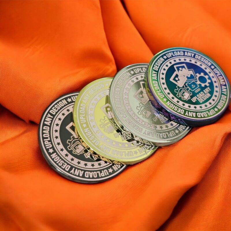 Assorted Coin in Shiny Finishes on Orange Fabric