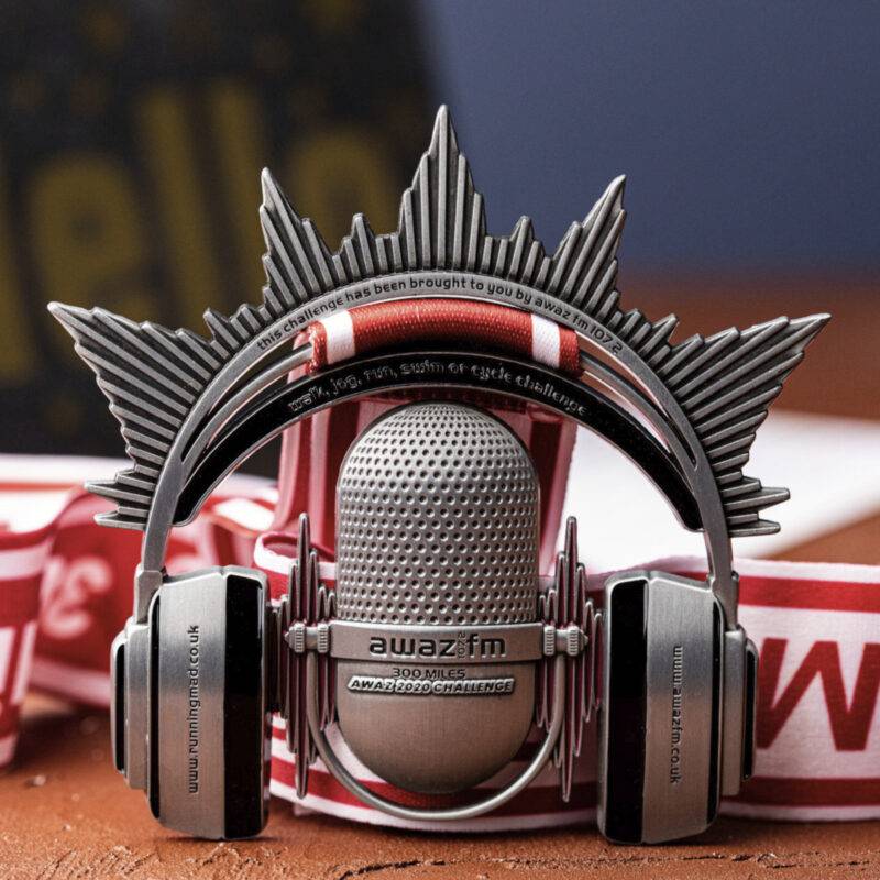 Innovative Virtual Challenge themed running medal with microphone and musical note accents.