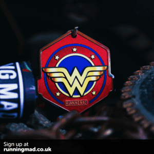 Vibrant Wonder Woman emblem running medal with patriotic color scheme.