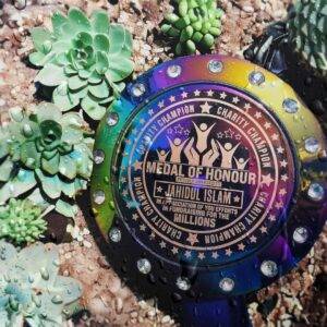 Custom Engraved Rainbow Medal of Honour with Water Droplets on Succulent Background