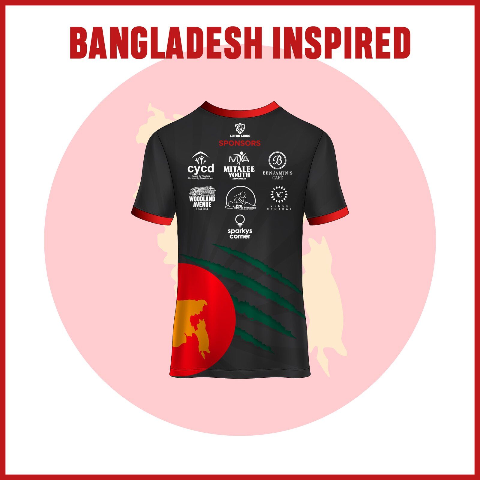 Bangladesh-Inspired Athletic Tech Top for Runners. with Bangladesh flag colors and sponsors' logos.