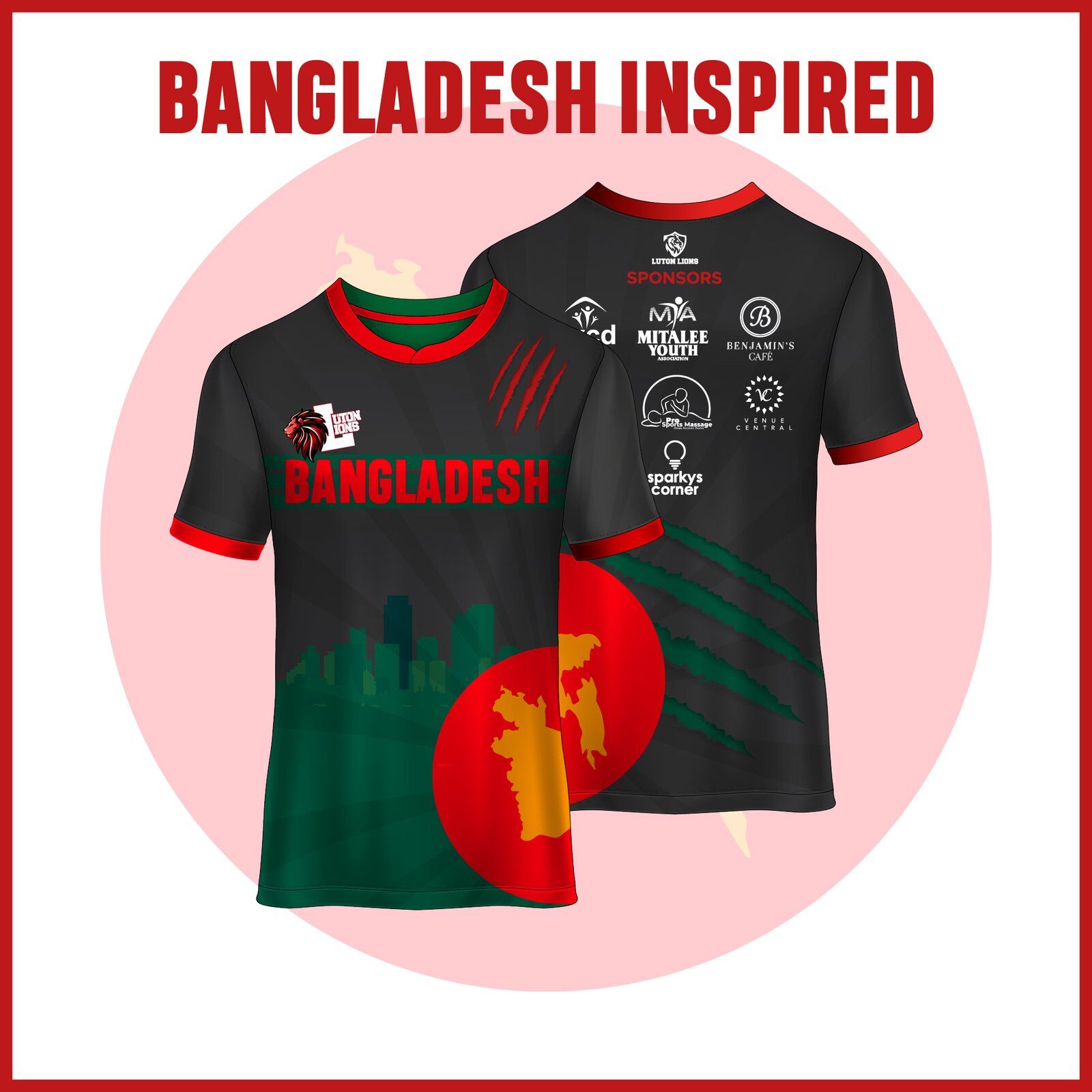 Black Bangladesh-themed t-shirt with tiger graphic and city skyline.