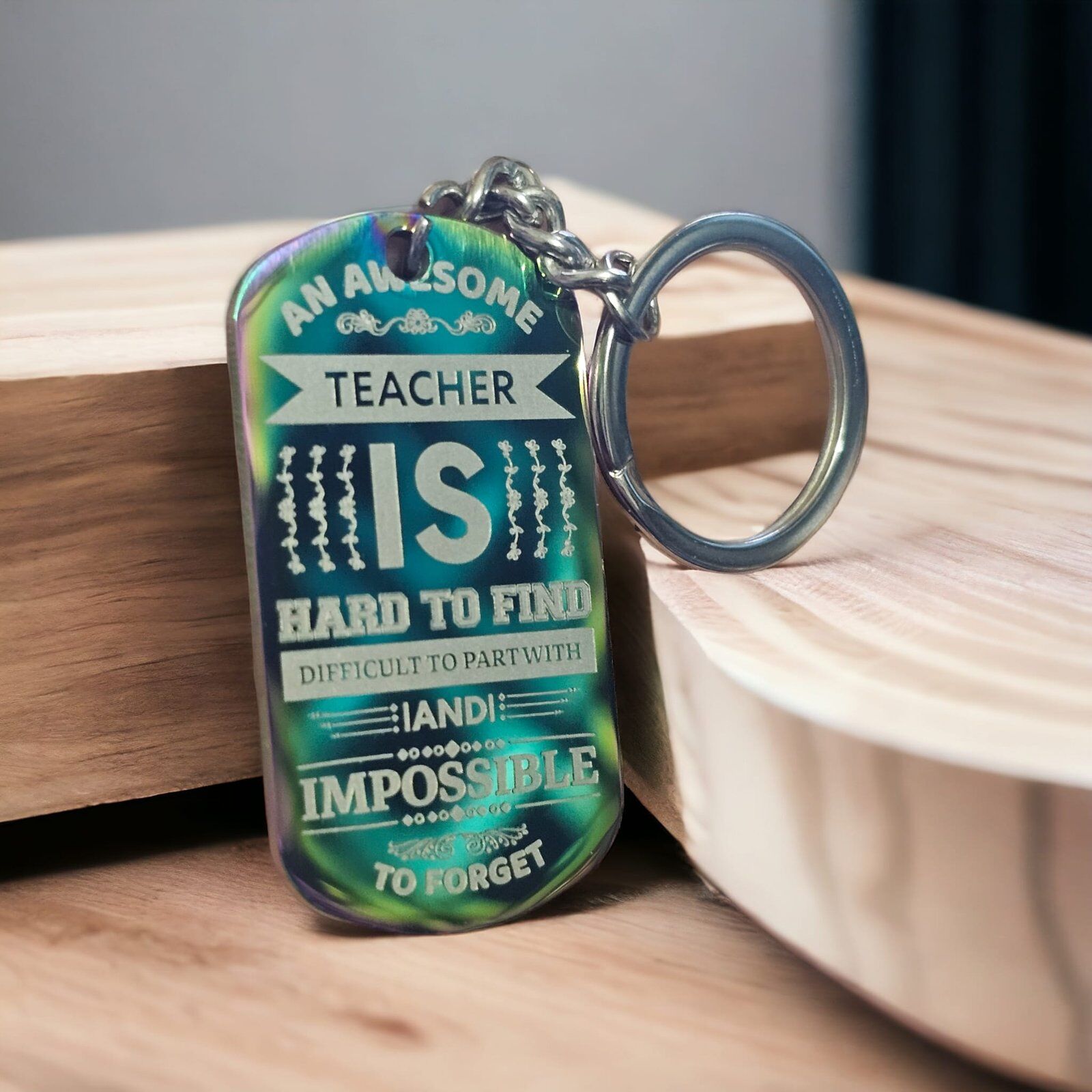 Teacher Appreciation Engraved Dog Tag Keyring on Wooden Table